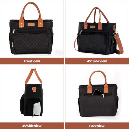 Large Women Lunch Bags for Work Insulated/Insulated Adult Lunch Box for Women/Durable Nylon Thermal Cooler Bag/Leakproof Cooler Tote Bag with Storage Pocket(Newly Upgraded Noir Black Brown Strap)