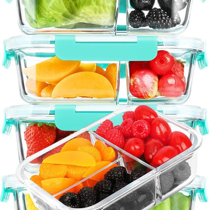 M MCIRCO [5-Pack, 36 oz] Glass Meal Prep Containers 3 Compartment with Lids, Glass Lunch Containers,Food Prep Lunch Box,Bento Box,Microwave, Oven, Freezer, Dishwasher (4.5 Cups, Green)
