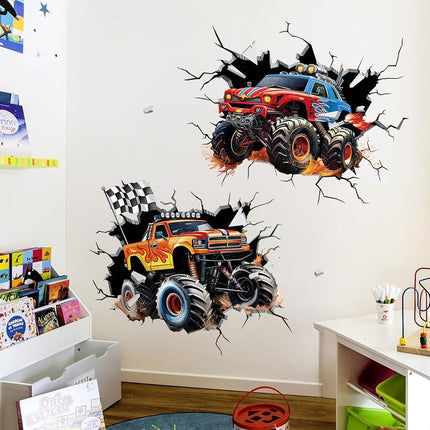 decalmile 2 Large 3D Racing Cars Wall Decals Trucks Break Through Wall Stickers Boys Bedroom Kids Room Playroom Wall Decor