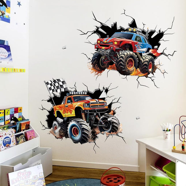 decalmile 2 Large 3D Racing Cars Wall Decals Trucks Break Through Wall Stickers Boys Bedroom Kids Room Playroom Wall Decor
