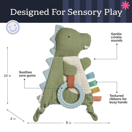 Itzy Ritzy - Bitzy Crinkle Sensory Toy Fox with Crinkle Sound for Babies & Toddlers - Features Soft Braided Teething Ring & Textured Ribbons, Designed for Ages 0 Months and Up, Dinosaur