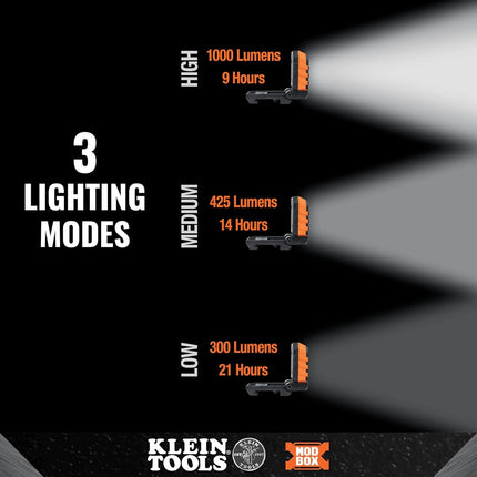 Klein Tools 56416 MODbox Rechargeable 1000-Lumen LED Area Work Light with Magnets, 3 Brightness Levels, 360-Degree Rotation, and Kickstand