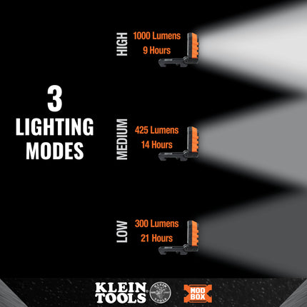 Klein Tools 56416 MODbox Rechargeable 1000-Lumen LED Area Work Light with Magnets, 3 Brightness Levels, 360-Degree Rotation, and Kickstand