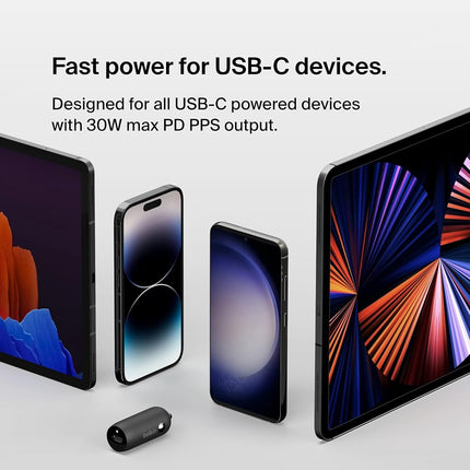 Chargeur de voiture rapide Belkin Boost↑Charge™ 30W, design compact avec port USB-C Power Delivery, extension d'alimentation USB 4 ports, compatibilité universelle pour iPhone 14, Galaxy S23, série Note et plus encore - Noir