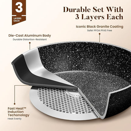 Pots and Pans Set, 17 Pcs Non Stick Cookware Sets, Cooking Set with Frying Pans, Saucepans, Steamer, Non Toxic Oven Safe & Stovetop Agnostic, PFOA PFOS APEO Free, Black