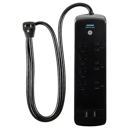 GE, Black, Strip Surge Protector Charger, 7 Outlets, 2 USB Ports, Fast Charge, Flat Plug, Long Power Cord, 3 Feet, Wall Mount, Warranty, 37054, 3 Ft