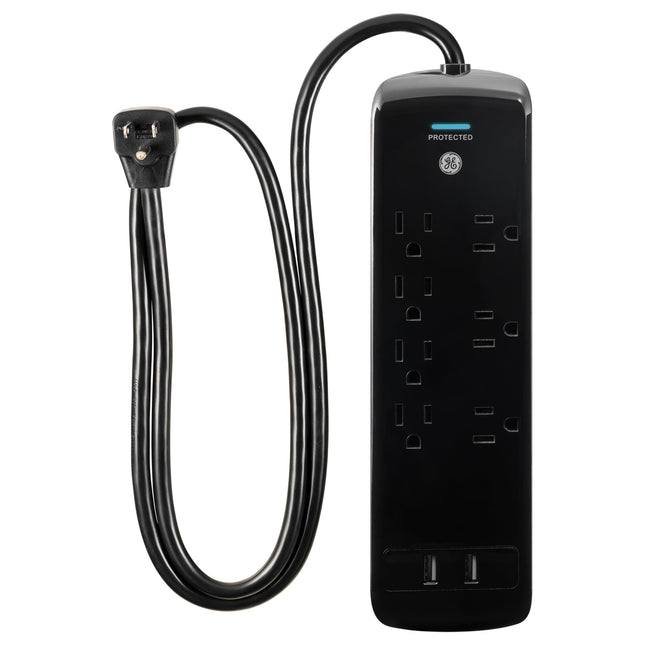 GE, Black, Strip Surge Protector Charger, 7 Outlets, 2 USB Ports, Fast Charge, Flat Plug, Long Power Cord, 3 Feet, Wall Mount, Warranty, 37054, 3 Ft