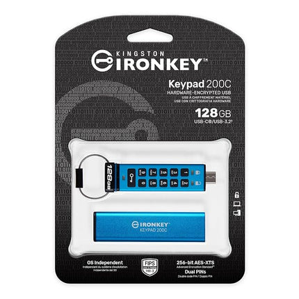 Kingston IronKey Keypad 200C Type-C hardware-encrypted USB Flash Drive FIPS 140-3 Level 3 (Pending) with XTS-AES 256-bit Hardware Encryption -IKKP200C/128GB