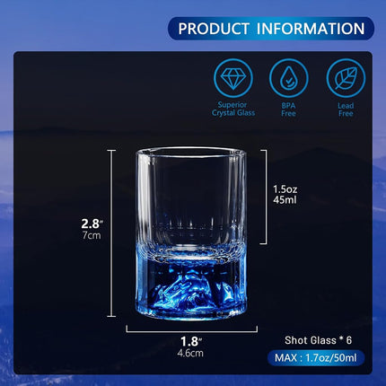 DUJUST 【2026 New Design】 Blue Mountain Shot Glasses (1.5oz), Crystal Shot Glass Set Decorated with Blue Mountain, BPA-Free & Lead-Free, Perfect for Décor & Collection, Gift Choices - 6 pcs