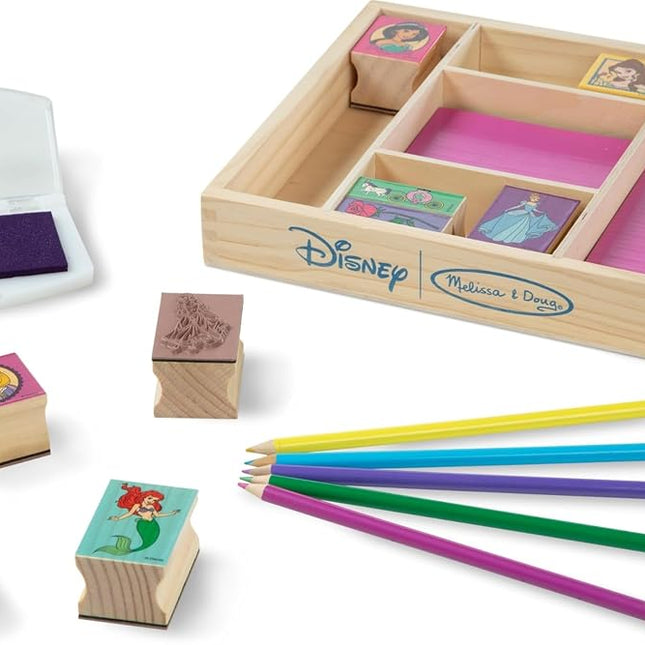 Melissa & Doug Disney Princess Wooden Stamp Set: 9 Stamps, 5 Colored Pencils, and 2-Color Stamp PadDisney Princess Coloring, Stamps with Washable Ink, for Kids Ages 4+
