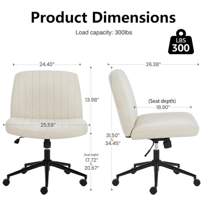 Chaise de bureau à roulettes DUMOS Criss Cross, chaises de bureau/coiffeuse larges à pieds croisés, chaises pivotantes réglables sans accoudoirs en tissu pour ordinateur/travail à domicile, beige