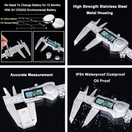 Kynup Digital Caliper, 200mm/8 Inch Caliper Measuring Tool with Stainless Steel, IP54 Splash Proof Protection Design, Easy Switch from Inch Metric Fraction, Large LCD Screen, 2 Extra Button Cells
