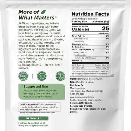 Micro Ingredients Organic Broccoli Powder, 1 lb | Raw Broccoli Powder | for Smoothies, Drinks & Recipes | USDA Organic, Non-GMO, Gluten Free, Vegan Friendly