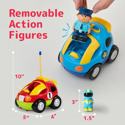 Prextex Remote Control Cars for Kids Age 3 and Up - 2-Pack Cartoon RC Car Police and Race Kids Toys - Realistic Sirens, Honking Sounds, and Flashing Headlights - Ideal Stocking Fillers for Toddlers