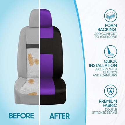 BDK PolyPro Car Seat Covers Full Set in Purple on Black, Front and Rear Split Bench Seat Covers for Cars, Easy to Install Car Seats Cover Set and Accessories for Auto Trucks Van SUV - Purple