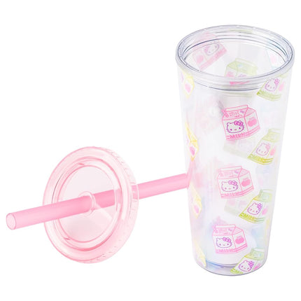 Silver Buffalo Sanrio Hello Kitty Milk Carton Pattern Plastic Boba Tumbler w Lid and Wide Straw, 24 Ounces