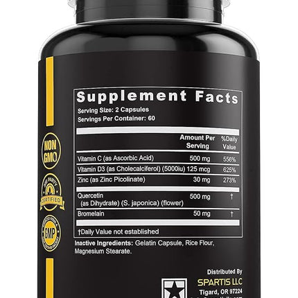 Zinc Quercetin 500mg with Vitamin C Vitamin D3 Bromelain Immune Support High Potency Anti Inflammatory Quercetin Zinc Supplement Immunity Booster ZQV Immune Complex (120-Ct)