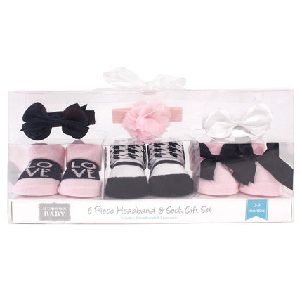 Hudson Baby Baby Girls' Headband and Socks Gift Set, Pink Black Love, One Size
