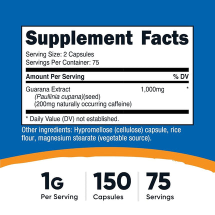 Nutricost Guarana 1000mg Serving, 150 Vegetarian Capsules - Natural Herbal Brazilian Caffeine Energizer Supplement