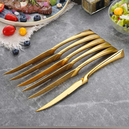 Lemeya 6 Pieces Steak Knife Set of 6, Standing Steak Knives,Mirror Polished,Dishwasher Safe(Gold)