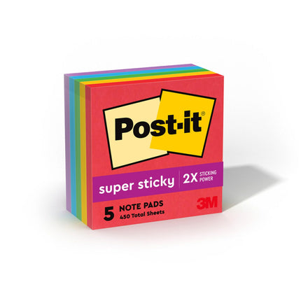 Cubes de notes ultra-adhésives, 90 feuilles/bloc, 3"x3", 5 blocs/paquet, couleurs électriques assorties, vendus par paquet de 1