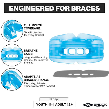 Protège-dents Shock Doctor Double Appareil Orthodontique avec protection des dents supérieures et inférieures pour le sport — Technologie d'ajustement instantané sans moulage ni ébullition pour tailles jeunes et adultes