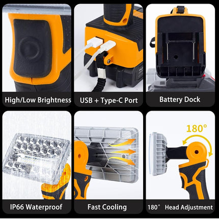Cordless LED Work Light Compatible with DeWalt 20V Battery Battery, Portable Flashlight Lamp with Charging Phone for Auto Repair Outdoor Construction Job Sites (Tool Only, Not Made by DeWalt)