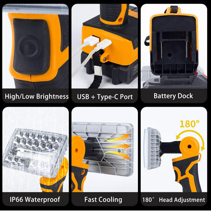 Cordless LED Work Light Compatible with DeWalt 20V Battery Battery, Portable Flashlight Lamp with Charging Phone for Auto Repair Outdoor Construction Job Sites (Tool Only, Not Made by DeWalt)