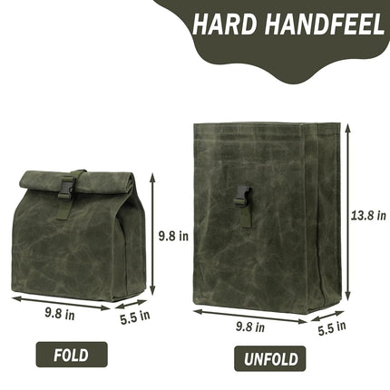 Heavy Duty Lunch Bags Waxed Canvas Roll-top Lunch Boxes Waterproof Reusable Lunch Bag with Adjustable Buckle, Green, Hard Handfeel