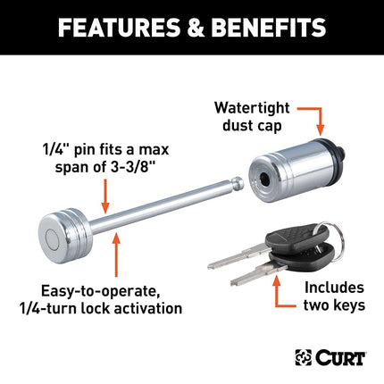 CURT 23523 Chrome Trailer Tongue Coupler Lock, 1/4-Inch Pin Diameter, Up to 3-3/8-Inch Span