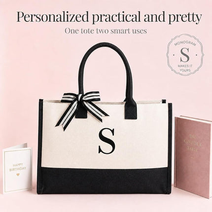Mud Pie Classic Black and White Initial Canvas Tote Bags (C), 100% Cotton, 17" x 19" x 2"