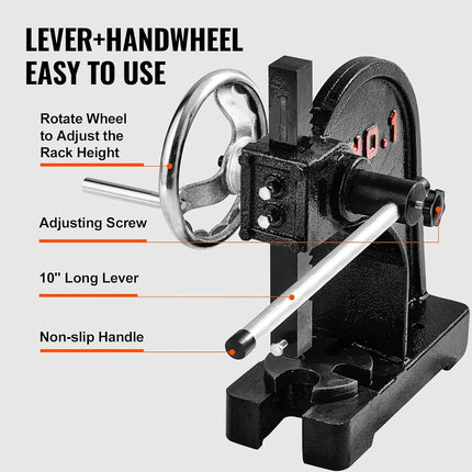 VEVOR Arbor Press, 1 Ton Manual Arbor Press with Handwheel, 15cm Maximum Height, Cast Iron Heavy-duty Manual Desktop Arbor Press, Precision Hand Press for Stamping, Bending, Stretching, Forming