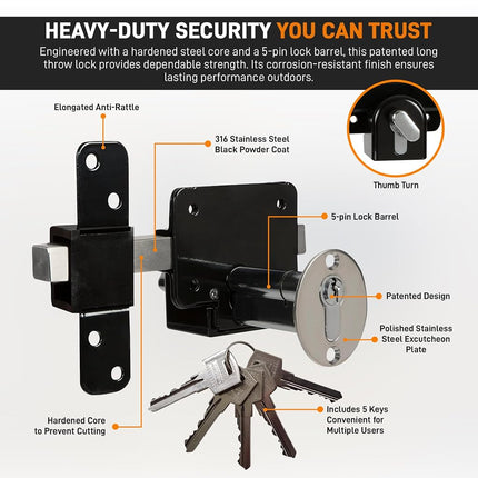 GateMate 1490106 Long Throw Lock with Thumb Turn, Heavy Duty Stainless Steel in Black Finish, Stylish Gate Lock, Secure Lock for Home Main Gates, Sheds and Garage Doors - up to 2" Thick