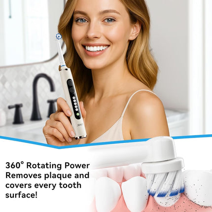 SEAGO Rechargeable Rotating Electric Toothbrush with 8 Brush Heads, 5 Cleaning Modes, Timer and Travel Case for Adults and Kids, Beige
