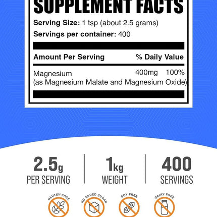 BulkSupplements.com Magnesium Malate Powder - Magnesium Supplement, Magnesium Malate 400mg - Pure & Gluten Free, 2500mg (400mg Magnesium) per Serving, 1kg (2.2 lbs) (Pack of 1)