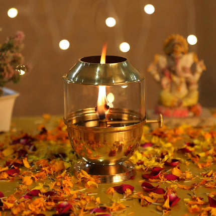 4OUR Faith Brass Akhand Jyot Diya with Glass Cover & Adjustable Wick