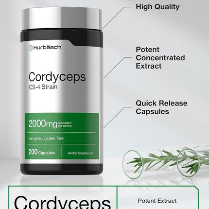 Cordyceps Capsules | 2000mg | 200 Count | Non-GMO Mushroom Supplement | Cordyceps Sinesis | by Horbaach