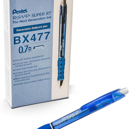 Bolígrafo Pentel RSVP Super RT, (0,7 mm) Trazo Fino, Tinta Azul, Caja de 12 (BX477-C)