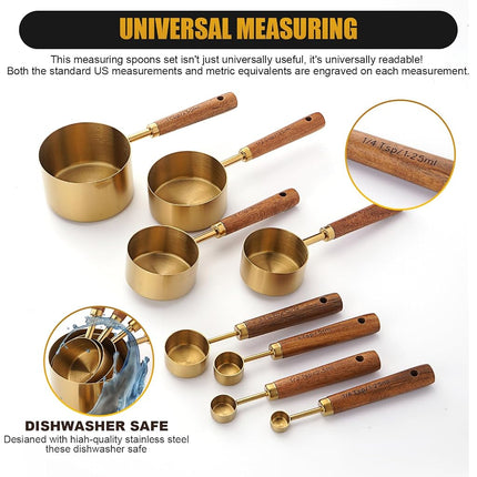 SHIKORI Gold Measuring Cups and Spoons Set with Wood Handles