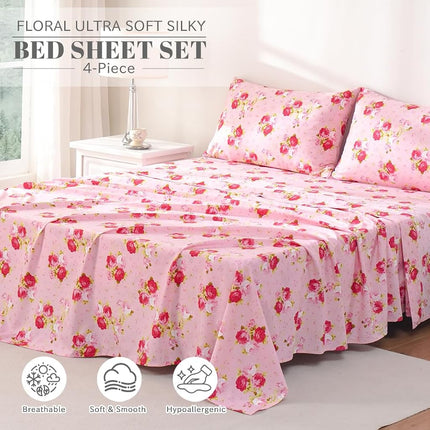 Bedlifes Rose Floral Sheet Set Luxury Ultra Soft Wrinkle-Free Hypoallergenic Pattern Printed Bed Sheets Deep Pocket Flat Sheet& Fitted Sheet& Pillowcase 100% Microfiber 3 Piece Twin Pink Flowers