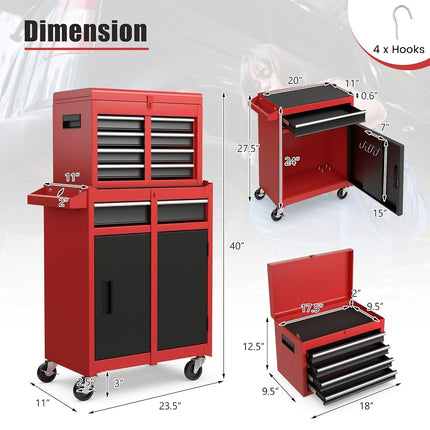 Goplus Tool Chest, 5-Drawer Rolling Cabinet with Detachable Top Toolbox, Lockable Wheels, Lock Bar, Protective Liner & Tool Rack, Metal Storage Cart for Garage Workshop