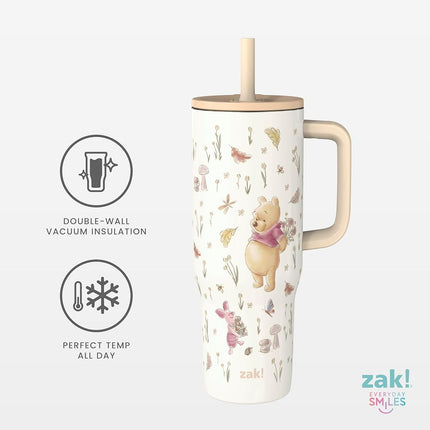 Zak Designs Disney Winnie The Pooh Sutton Travel Tumbler for On The Go, 30oz Stainless Steel with Vacuum Insulation, Silicone Straw, and Carry Handle for Cold Drinks (Pooh and Friends)