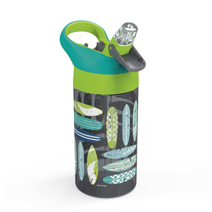 Zak Designs Botella de agua para niños de 473 ml con diseño de tablas de surf y palmeras de Riverside Beach Life, con pajita y asa de transporte integrada, de plástico duradero, diseño a prueba de fugas para viajes, 2 unidades (paquete de 1)