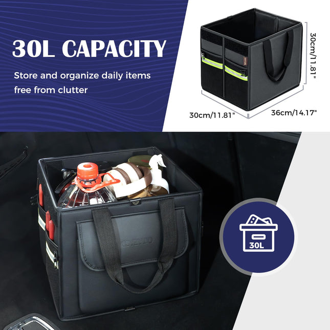 Coverado Organizador de maletero para coche - Organizador de maletero de cuero Nappa para SUV con tapa, organizador de almacenamiento plegable para coche de 30 L, múltiples compartimentos con 2 correas para SUV/camión