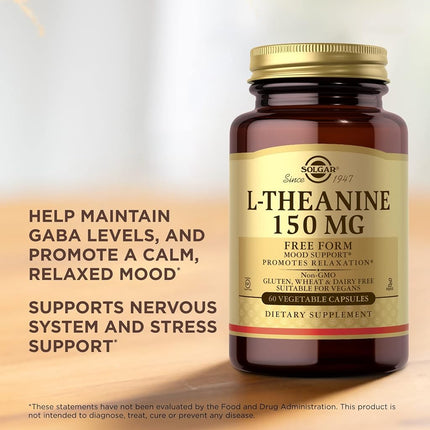 Solgar L-Theanine 150 mg Vegetable Capsules - Pack of 60 - Stress and Anxiety Support - Improve Mental Function - Vegan and Gluten Free, Gold