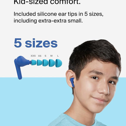 Belkin SoundForm Nano 2 Bluetooth Earbuds for Kids with Built-in Microphone, 28H Battery Life, Safe 85dB Volume, IPX5 Water Resistance - Kids Bluetooth Earbuds for iPhone, iPad, Galaxy, & More - Blue