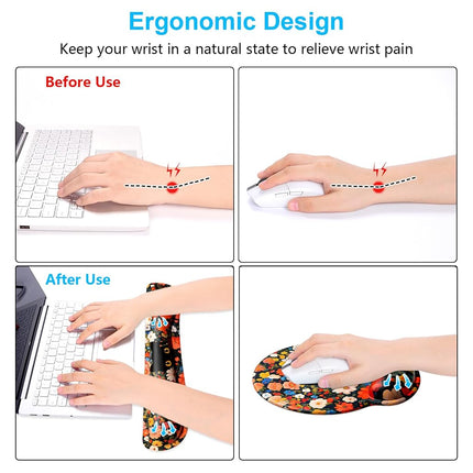 Dapesuom Keyboard Wrist Rest and Mouse Pad with Wrist Support, Cute Memory Foam Cushion for Keyboard and Mouse Set, Desktop Pad Rests with Non Slip Base for Easy Typing & Pain Relief, Cat Flower Bush