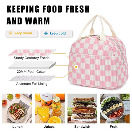 Corduroy Lunch Box for Women Girls, Cooler Lunch Bags Reusable Insulated Lunchbox for Picnic School Work Travel (Checkered Pink)