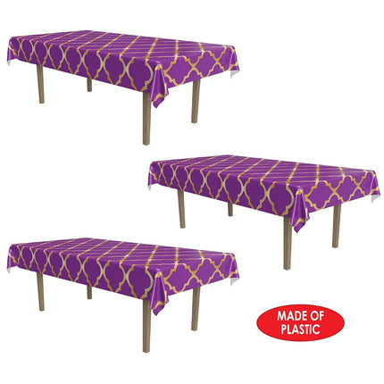 Beistle Lattice Tablecovers, 54” x 108”– Plastic Table Cloth, Moroccan Decorations for Party, Moroccan Tablecloth, Arabian Nights Theme Party, Rectangular Table Cloth Purple/Gold, 3 Pieces