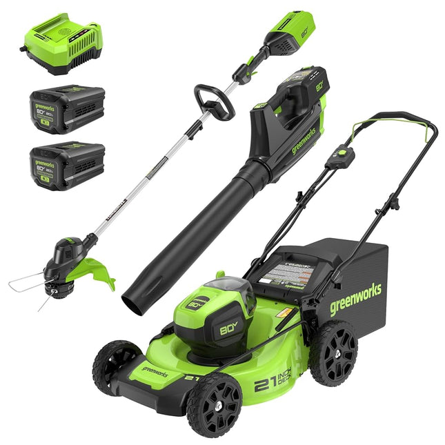 Greenworks 80V 21� Brushless (Push) Cordless Electric Lawn Mower + (500 CFM) Axial Leaf Blower + 13� String Trimmer (75+ Compatible Tools), (2) 2.0Ah Batteries and 30 Minute Rapid Charger